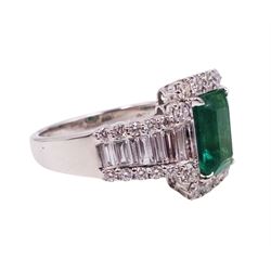 18ct white gold emerald and round brilliant cut diamond cluster ring, with baguette diamond set shoulders, stamped 750, emerald approx 1.60 carat, total diamond weight approx 1.00 carat