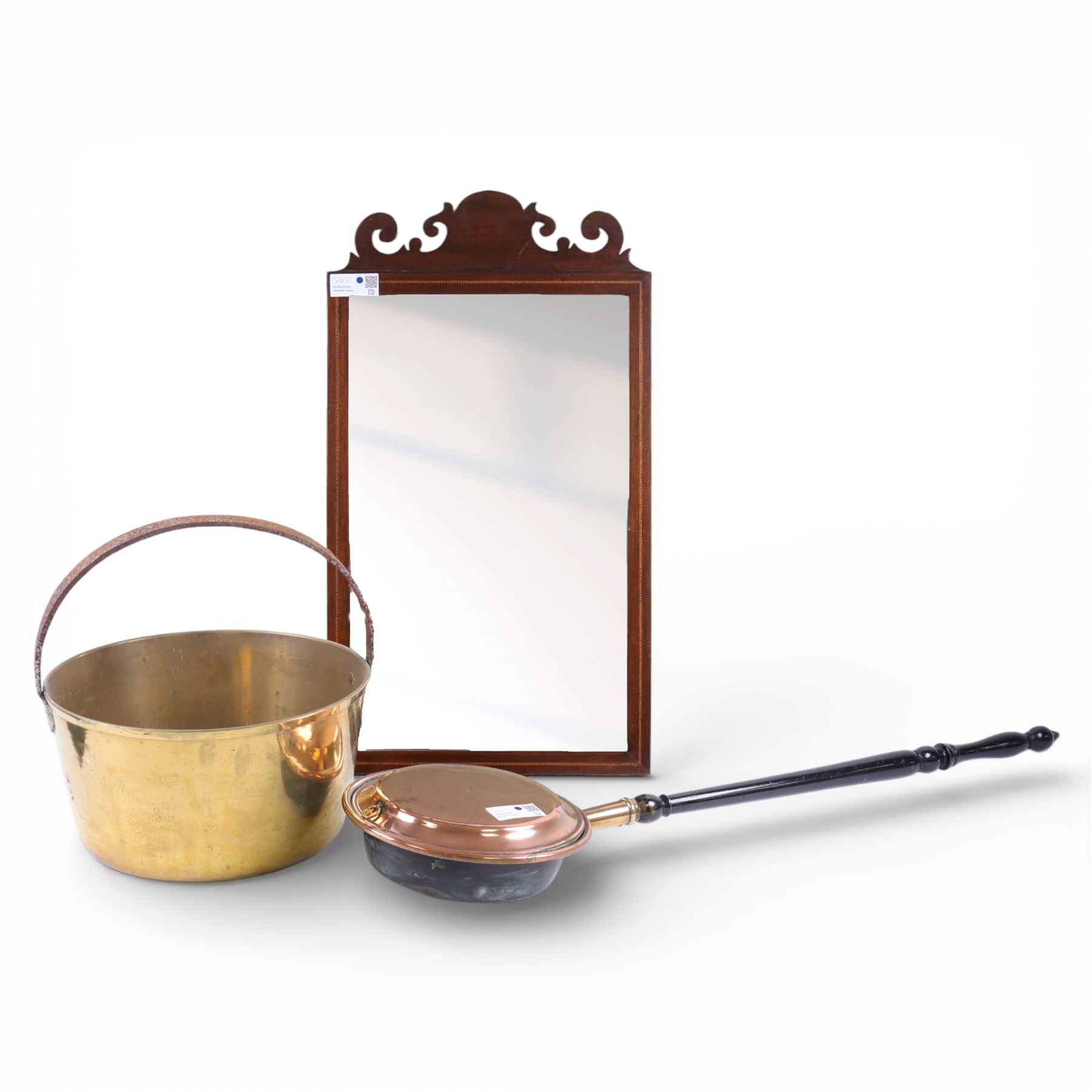 19th century brass jam pan, D38.5cm, together with a copper bed warming pan, approximately L105cm, and a mahogany framed wall mirror, H77cm
