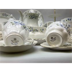 Extensive Richmond Blue Rock pattern part tea and dinner service, to include seven dinner plates, nine smaller plates, three lidded twin handled tureens, two teapots and two coffee pots, eleven bowls, cake stand, six twin handled soup bowls and saucers, six teacups, four coffee cups, milk jugs, sucrier, cake plate, salt and pepper shakers, other plates, dishes, bowls, side plates and many spares etc