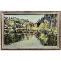 F Potts (British 20th century): River Reflections, impasto oil on canvas signed 45cm x 75cm