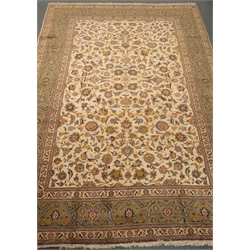  Kashan beige ground rug, floral field, repeating border, 362cm x 248cm  