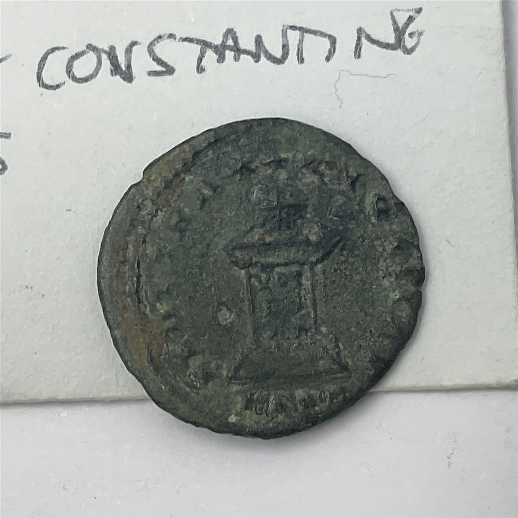 Three House of Constantine bronze coins to include Constantine the Great URBS ROMA; Crispus (AD 317-326) and Constantine II (AD 337-340), both PLON London mint, with small group of Roman etc metal detecting find coins (17) 