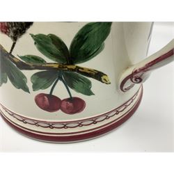 Large 20th century Wemyss style pottery tyg, painted with birds upon fruiting cherry tree branches, with red line borders, H19.5cm D20cm