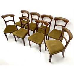 Set eight early 19th century mahogany dining chairs, shaped and carved cresting rail, studded upholstered seat, turned tapering supports 