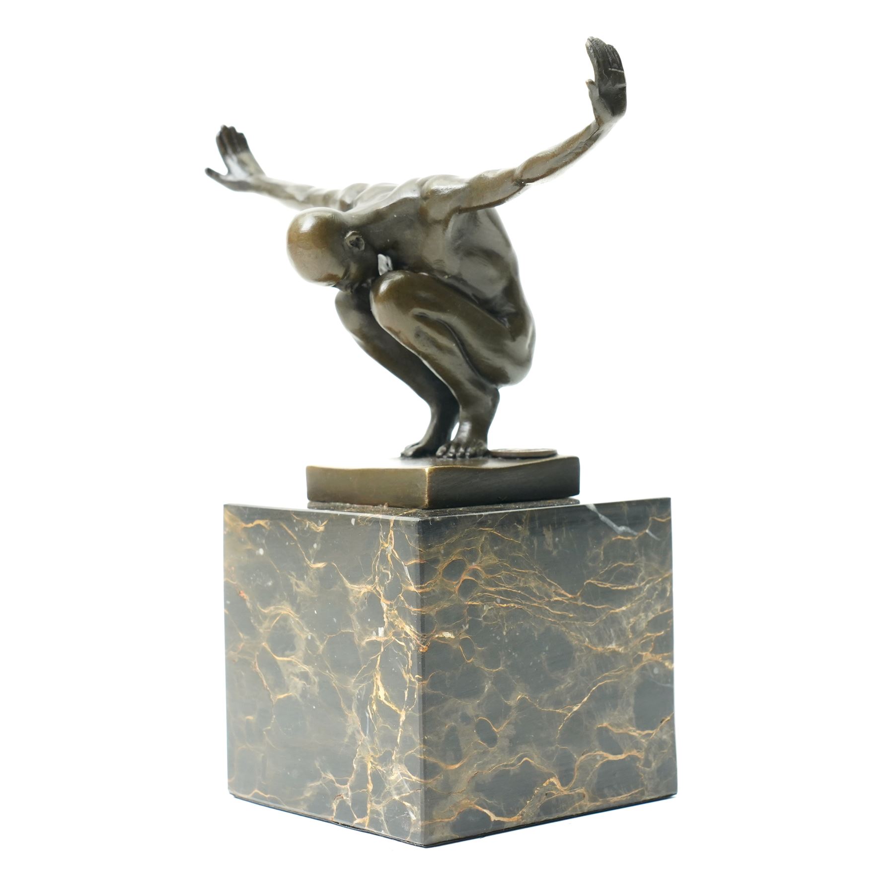 Bronze figure 'Power Of Silence', modelled as a male athlete crouched with arms outstretched, signed Milo, on black marble plinth, H15cm