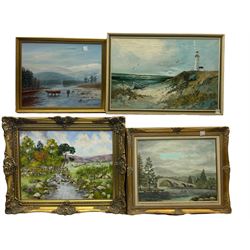 Valerie Barnaby (British 20th century): Upland River Landscape, oil on canvas signed; David Wright (British Contemporary): Highland Cows in River Landscape, oil on canvas signed together with two others similar max 50cm x 75cm (4)