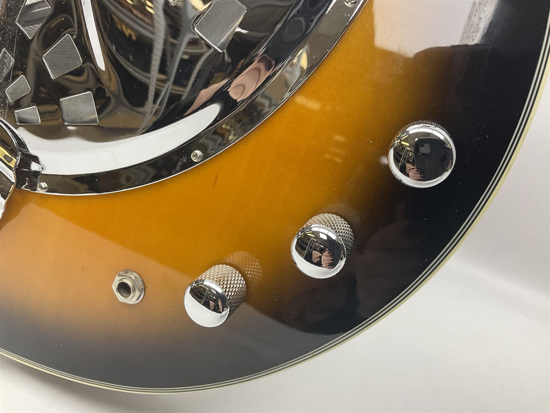 Eastwood of Canada Delta 4 electric four-string tenor resonator guitar with tobacco sunburst finish, serial no.1703437 L100cm; in original soft carrying case