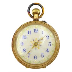 Early 20th century 18ct gold keyless Swiss cylinder ladies pocket watch, engraved foliate back case with cartouche, stamped 18K, with Swiss Helvetia hallmark
