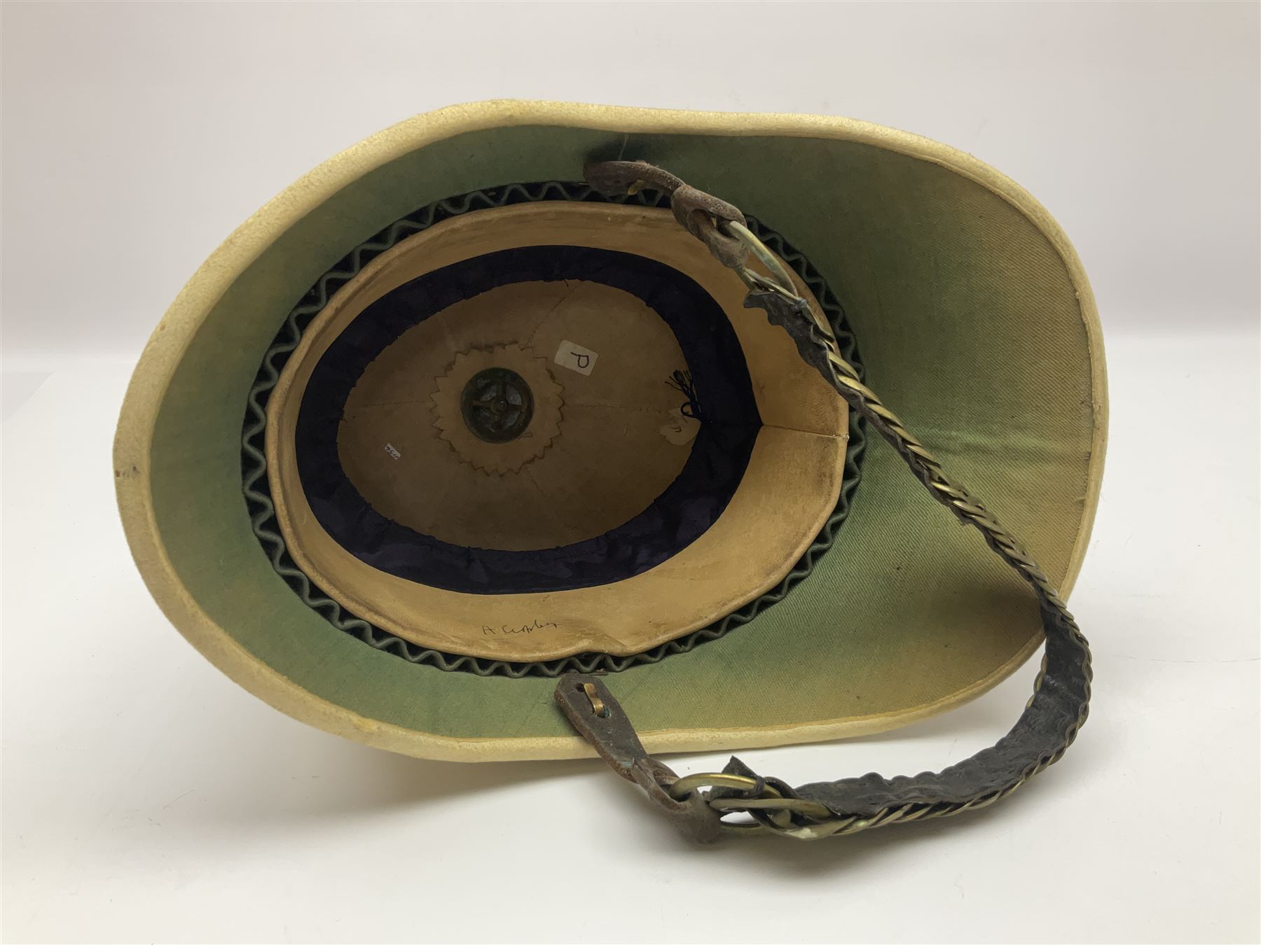 Victorian British tropical pith helmet with brass chain link chin strap