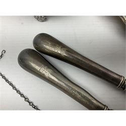 Silver plated tray, with shaped rim and embossed with a dog and crown to centre, stamped Valenti, together with three silver plated decanter labels, two port and one Bucellas, a plated cream jug with embossed floral decoration and a pair of plated fish knives engraved with double headed eagle to handle, tray W25.5