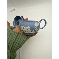 Wedgwood Jasperware tea and coffee wares, comprising teapot, coffee pot, milk jug, covered sucrier, coffee can and saucer and teacup and saucer 
