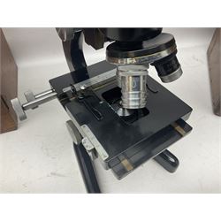 Four microscopes, including Cooke, Troughton & Simms no M467926, W Watson & Sons no 114758, W & J George & Beck Ltd no 36649 and one other 