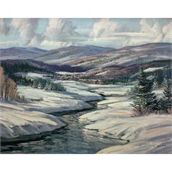 Sydney Berne (Canadian 1921-): 'La Rivière-du-Nord - Quebec' Winter Mountain Landscape, oil on board signed, inscribed verso 40cm x 50cm