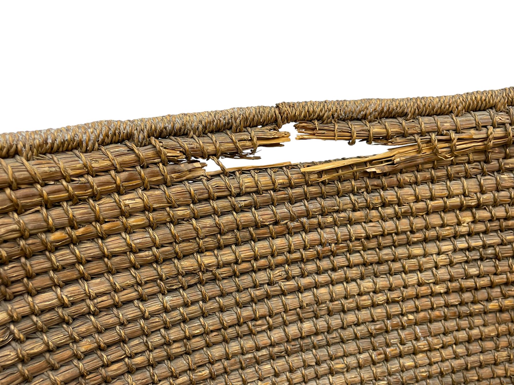 Late 19th to early 20th century Orkney chair, green painted pine frame and seat with curved rush back, square tapering supports joined by plain stretchers