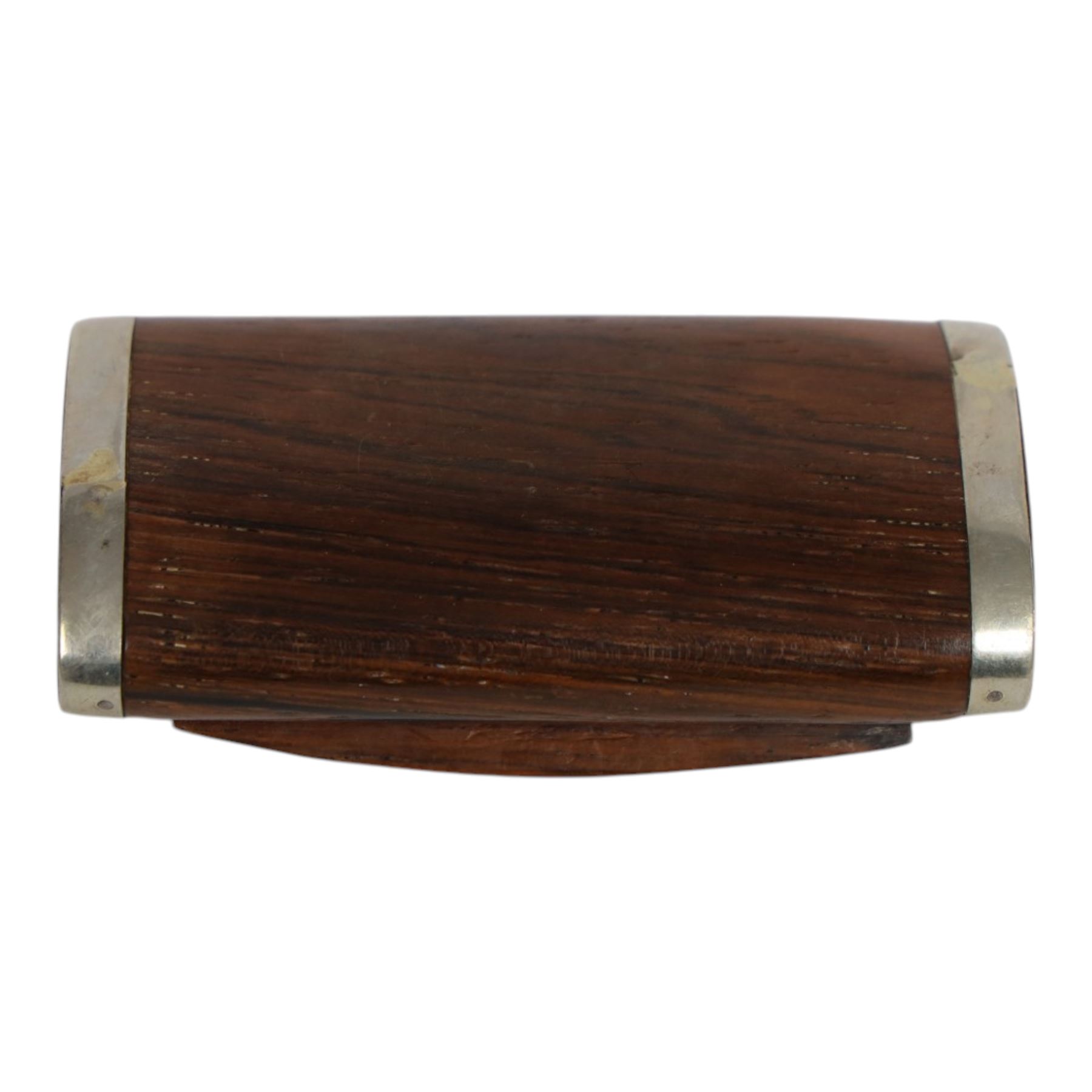 19th century pressed horn snuff box, of oblong form, the hinged tortoiseshell veneered cover with inlaid white metal stag hunting scene, L7cm, together with a 19th century rose wood example, probably french, with silver plated mounts, the inset hinged cover inlaid with a scene depicting a horse drawn cart before a mill, L7.5cm