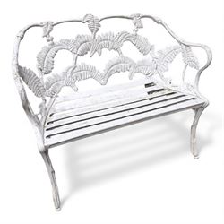 Pair of cast aluminium white painted Coalbrookdale design 'fern and blackberry' garden benches
