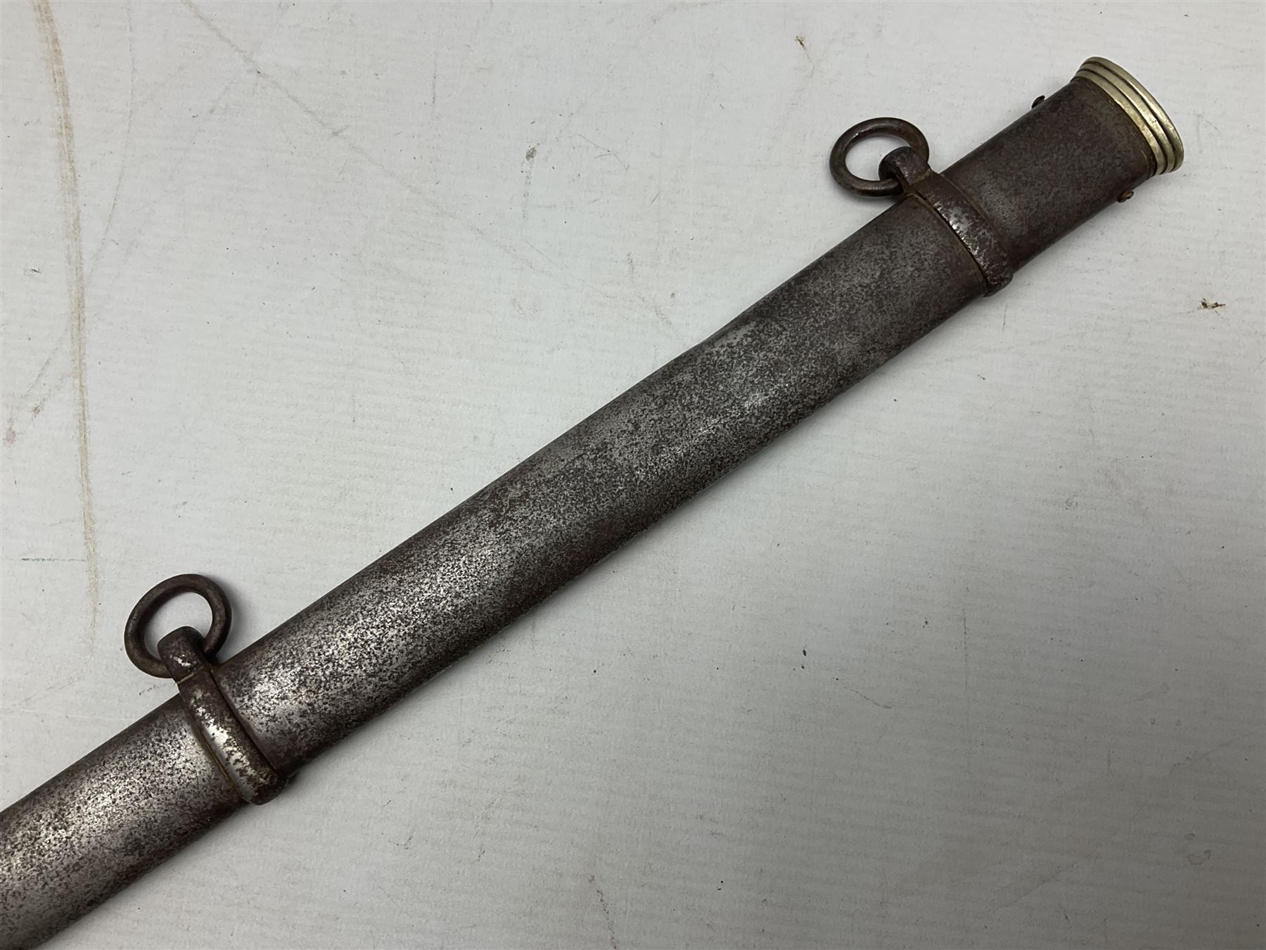 British 1821 Pattern Light Cavalry Officer's sword, with plain 87.5cm slightly curving fullered steel blade and plain steel three-bar hilt with wire-bound fish skin grip and plaited knot on later cord; in steel scabbard with two hanging rings L103cm overall