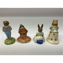 Fifteen Royal Doulton Brambly Hedge figures, comprising Wilfred Toadflax, Dusty Dogwood, Mrs Toadflax, Mr Apple, Primrose Woodmouse, Lord Woodmouse, Poppy Everbright, two Lady Woodmouse, two Old Mrs Everbright, Mr Toadflax, Mrs Apple, Santa Bunnykins and Bunnykins, together with three Royal Albert Wind in the Willows figures comprising Ratty, Badger and Mole, all with printed marks beneath (18)