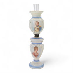 Victorian opaline glass oil lamp, with transfer printed decoration of Napoleon Bonaparte a...