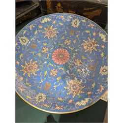 20th century Chinese footed bowl, of circular form, decorated in polychrome enamels with flowers and foliage on a cobalt blue ground, upon three grotesque mounted feet, with character marks beneath, H13cm, D38cm