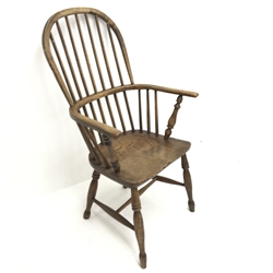 19th century ash and elm Windsor armchair, turned supports joined by stretcher, W60cm