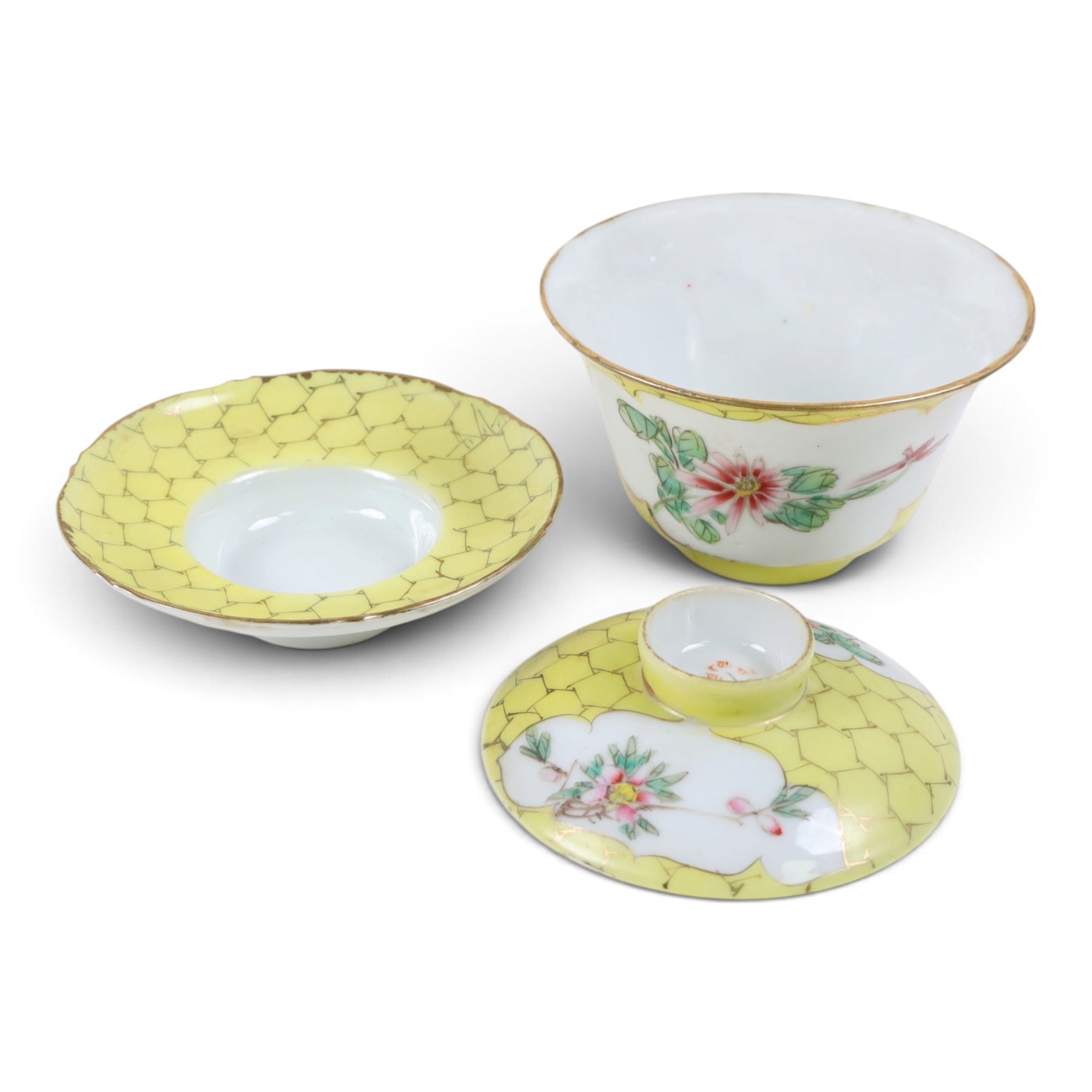 Famille jaune rice bowl, cover, and saucer, decorated with a bird in a blossoming branch, H10cm