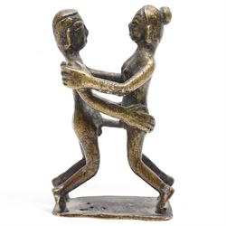 Three Indian school Kama Sutra style erotic bronze figures, H9cm