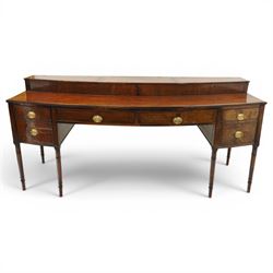 Large George III mahogany bowfront sideboard, the shaped top with raised superstructure fi...