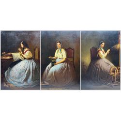 Anton Hölperl (Czech/Austrian 1820-1888): Girls Spinning, Embroidering and Grinding Coffee in Traditional Gowns, set three oils on canvas signed and dated 1863, 57cm x 43cm (3)