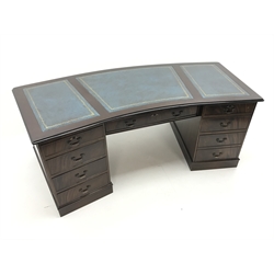  Georgian style mahogany shaped office desk, three piece leather inset top, eight drawers, plinth base, W211cm, H77cm, D99cm  