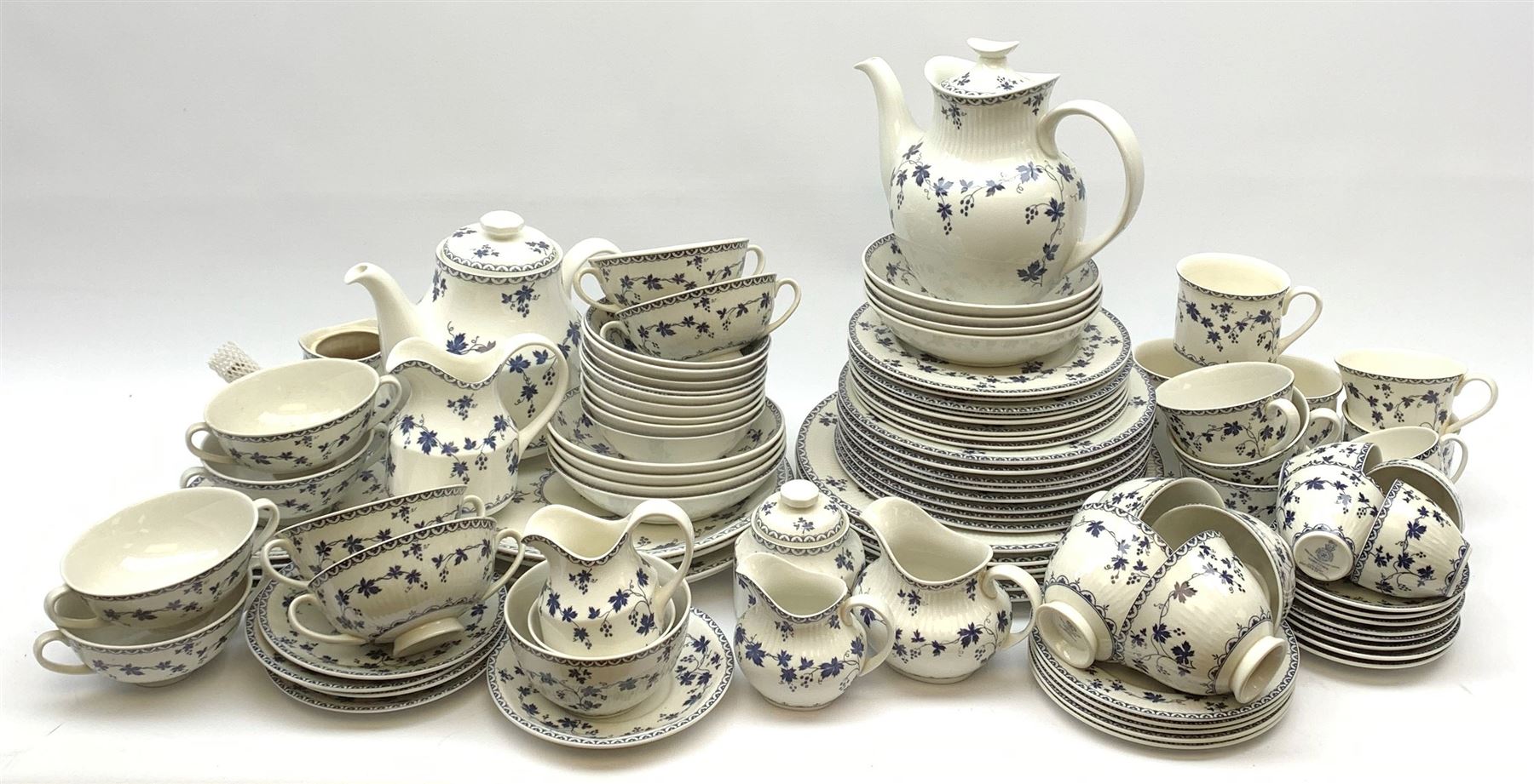 Royal Doulton York Town pattern and Hartford pattern tea and dinner wares, to include six dinner plates, eight salad plates, eight dessert plates, five side plates, eight bowls, nine smaller bowls, four serving plates, eight soup bowls, tea pot, coffee pot, various sized teacups, coffee cups, mugs and saucers, sucriers, jugs, etc. (Qty). 