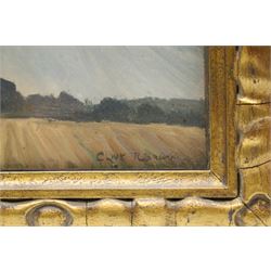Clive Richard Browne (British 1901-1991): Open Fields Landscape, oil on board signed 21cm x 26cm; Joan Newton (British 19th/20th century): 'The Two Churches - Alvingham' Lincolnshire, oil on canvas signed, titled on label verso 30.5cm x 40.5cm (2) (one unframed)