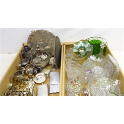  Arts & Crafts hammered silver box, Art Deco embossed pewter oval plaque, silver-plated salver, cigarette cases, glassware, paperweights and miscellanea in two boxes  