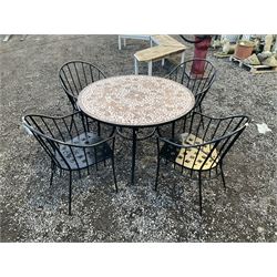 Circular metal framed garden table with mosaique top, and four chairs with cushions - THIS LOT IS TO BE COLLECTED BY APPOINTMENT FROM DUGGLEBY STORAGE, GREAT HILL, EASTFIELD, SCARBOROUGH, YO11 3TX