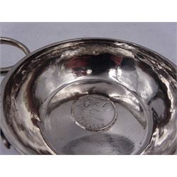French silver dish, of circular form, with loop handle in the form of a serpent, and set with 1 Franc coin dated 1861 to centre, stamped with Minerva's head for 800 standard, D7.8cm
