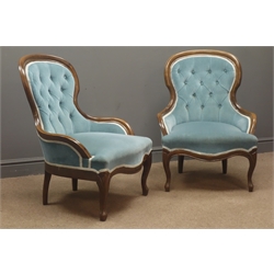  Pair Victorian style walnut framed upholstered nursing chairs cabriole legs  