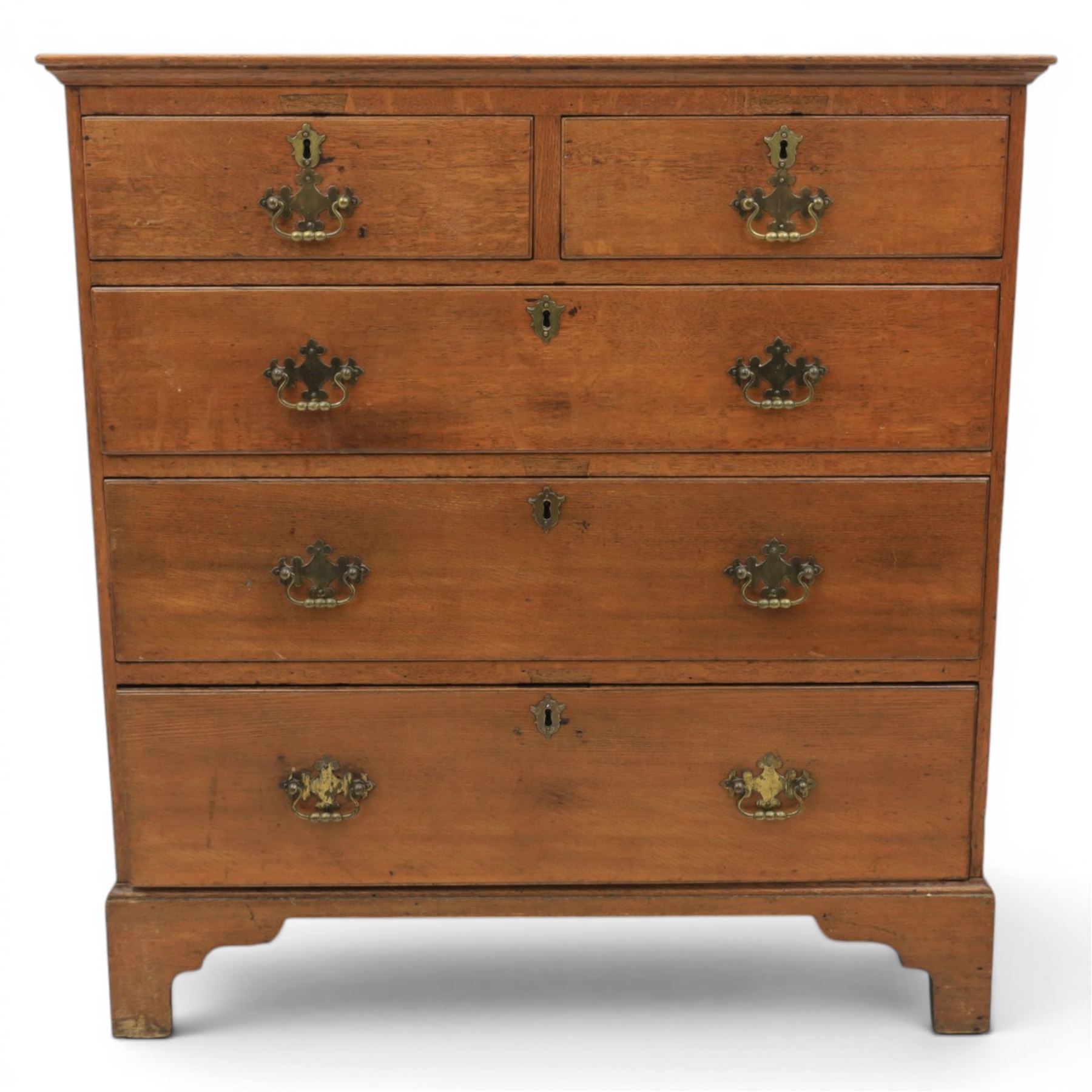 18th century oak chest, moulded rectangular top, above two short over three long graduating drawers, fitted with pierced brass escutcheons and swan neck handles, on bracket feet 