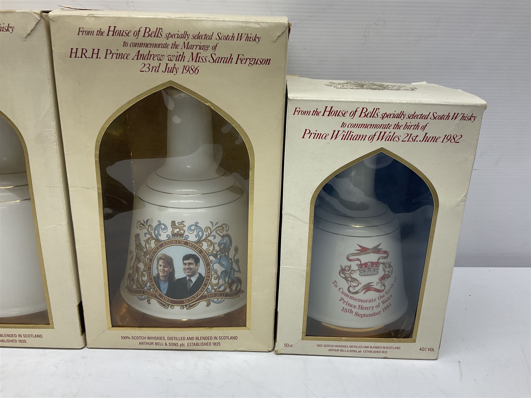 Bells, Scotch whisky, in eight Wade ceramic decanters, including Christmas 1992, Queens 60th birthday, Birth of Prince William etc, various contents and proof   