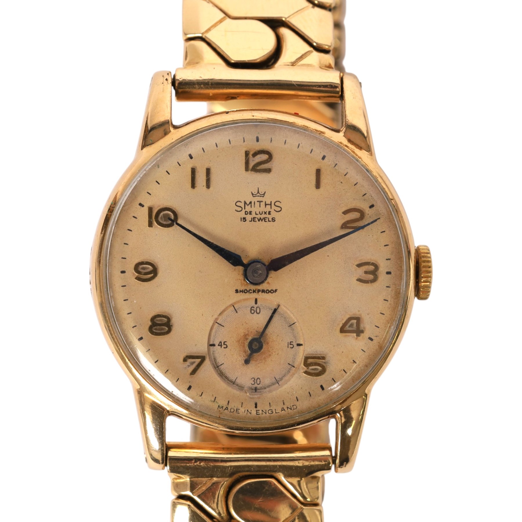 Smiths De Luxe gentleman's 9ct gold manual wind presentation wristwatch, Birmingham 1959, the back case engraved 'B.R London Midland Region W. Roe in appreciation of 45 years service', on expanding gilt strap