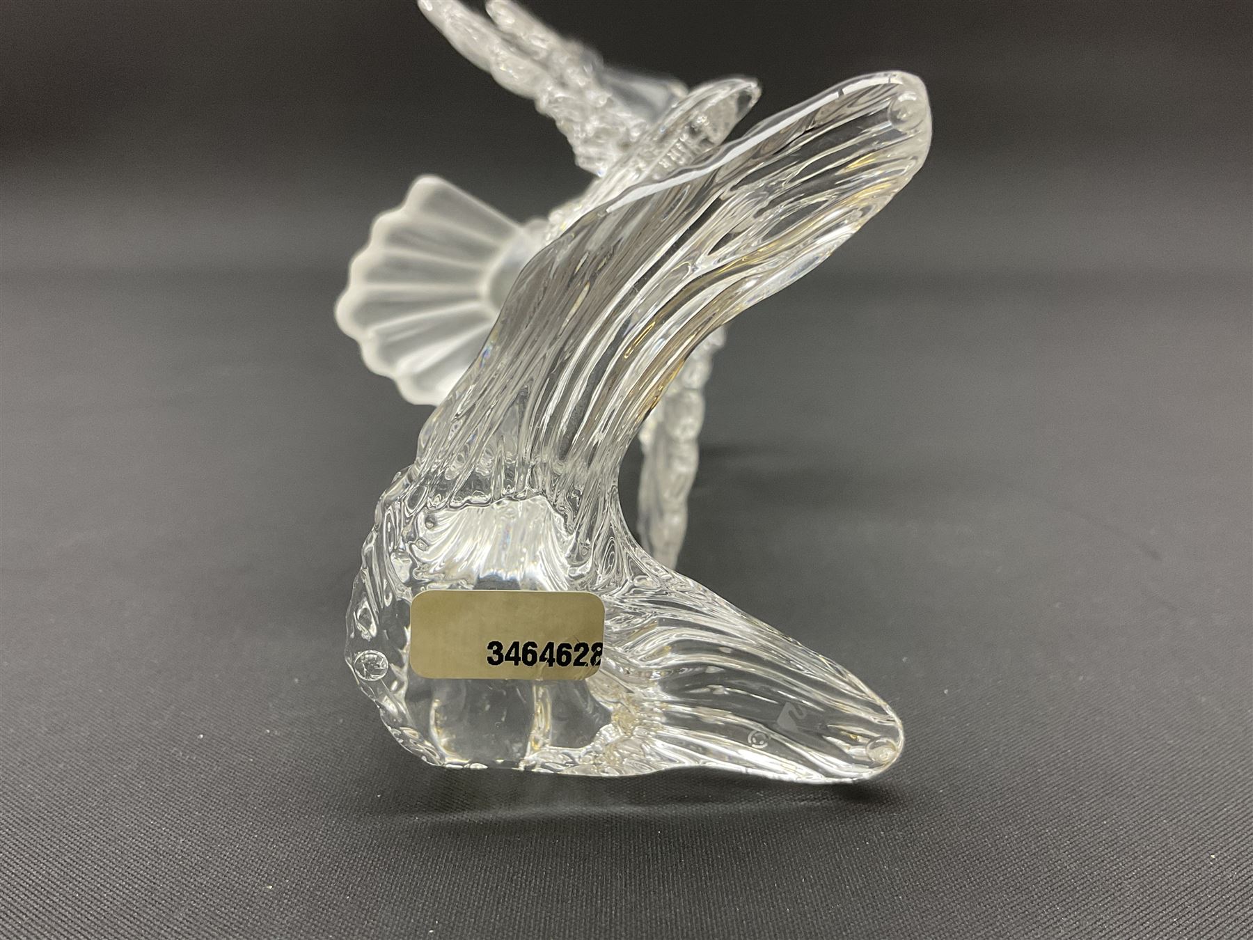 Swarovski Crystal animals, comprising white peacock, the tail with cascading blue flowers, perched eagle with yellow beak, ibex with frosted crystal horns and unicorn with frosted crystal horn, tallest H13cm