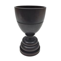 19th century large treen turned hardwood goblet, upon double knopped stem and circular foot, H23.5cm 