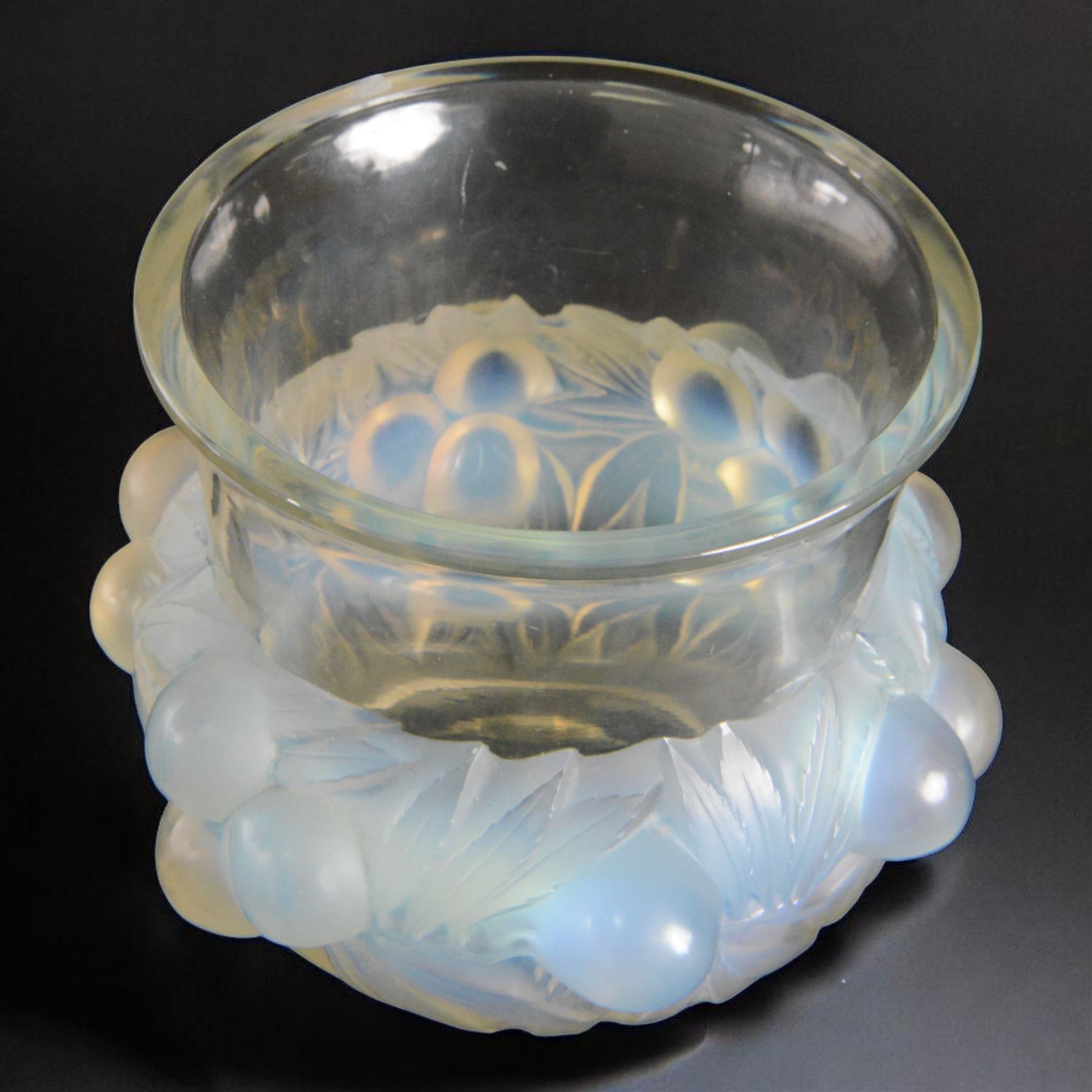 Rene Lalique (French 1860-1945), Prunes pattern opalescent glass vase, model 1037, designed circa 1930, engraved R Lalique France beneath, H17.5cm