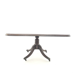 Early 19th century rectangular mahogany pedestal dining table, folding top, quadruple splay legs, W152cm, D124cm, H75cm