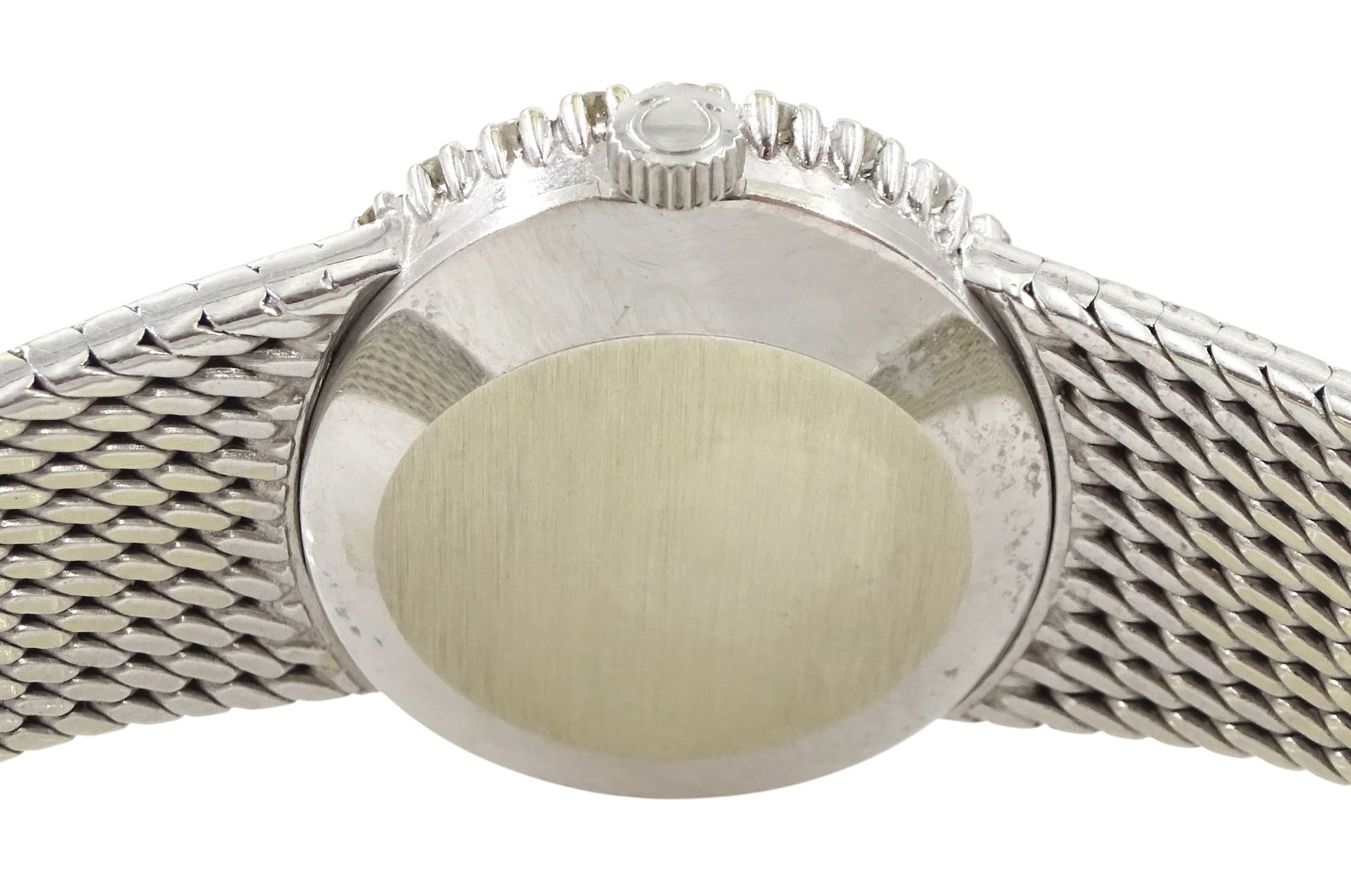 Omega ladies 18ct white gold, manual wind wristwatch, Cal. 620, lapis lazuli dial with round brilliant cut diamond bezel, on integral 18ct white gold bracelet, London import mark 1970