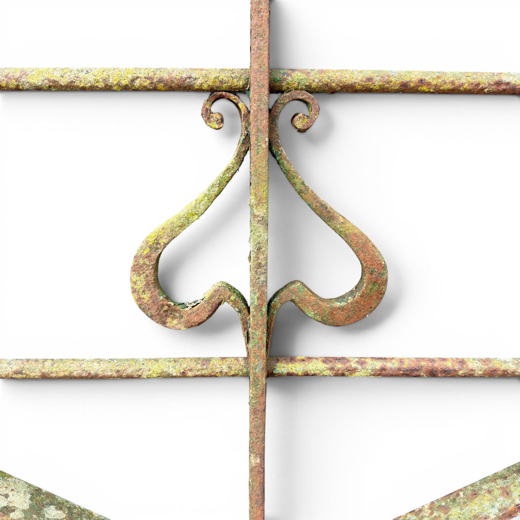 Impressive 19th century 9' wrought iron Country House gate, bar form with close rail base, X framed with central crests, scroll and spike top