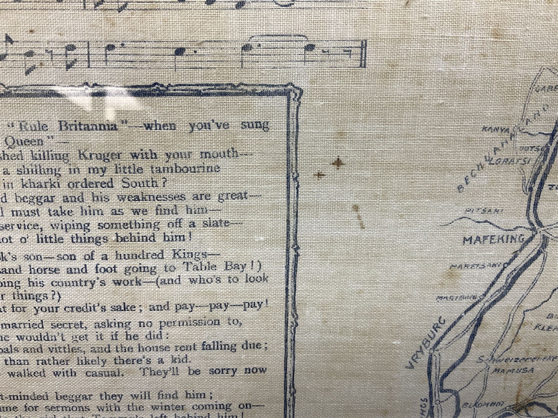 Boer War cotton handkerchief printed with portraits of Lord Roberts and Queen Victoria with a map of Southern Africa and Kipling's The Absent Minded Beggar, framed, handkerchief 44.5 x 43cm
