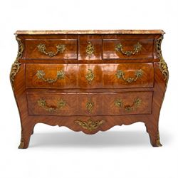 20th century Louis XV design serpentine commode, the rectangular breccia marble top with a rounded moulded edge and projecting corners, above a bombe bombe-shaped kingwood and parquetry design front of two short and two graduated drawers with rococo style handles, corners with gilt-bronze foliate mounts on short cabriole form feet with gilt bronze sabots  