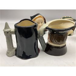 Royal Doulton Henry VIII and his Six Wives Character Jugs, comprising of Henry VIII D6647, Catherine of Aragon D6657, Anne Boleyn D6650, Jane Seymour D6746, Anne of Cleves D6753, Catherine Howard D6692 and Catherine Parr D6751, tallest H10cm