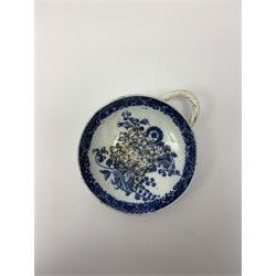 Late 18th/early 19th century Leeds Pottery egg drainer, the pierced bowl of circular form decorated with blue transfer printed floral spray and floral border, the twisted handle with foliate mounts, bowl D9cm