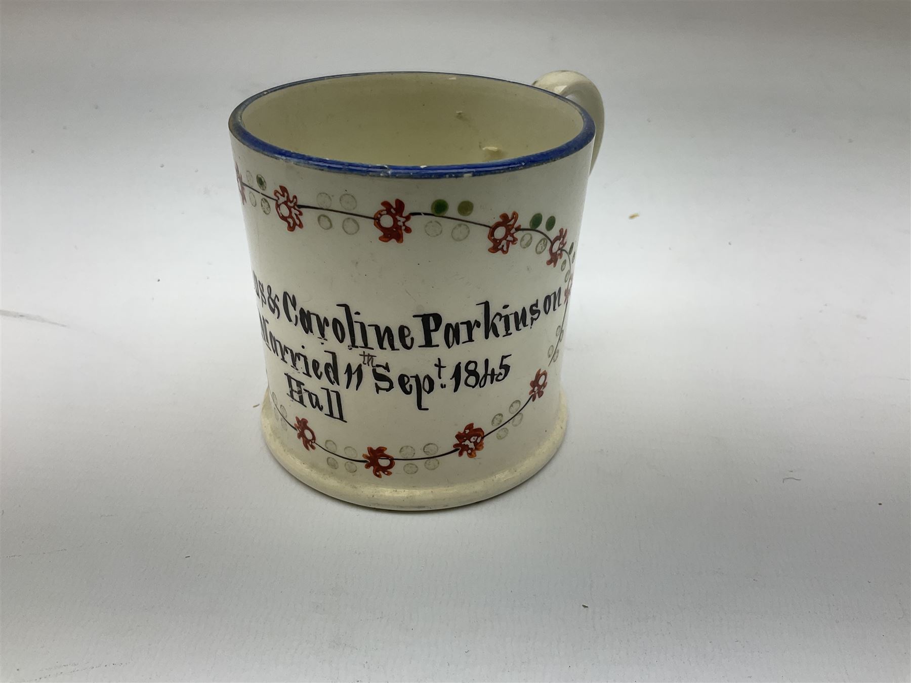  Early Victorian marriage mug for Thomas and Caroline Parkinson dated 11th Sept. 1845 Hull H8cm, similar christening mug for their daughter Hannah Matilda, blue/white transfer printed pot lid with base for Francis Earle, Pharmaceutical Chemist, 22 Market Place, Hull with central study of Holy Trinity Church and clay pipe, the bowl as man's head (4)  